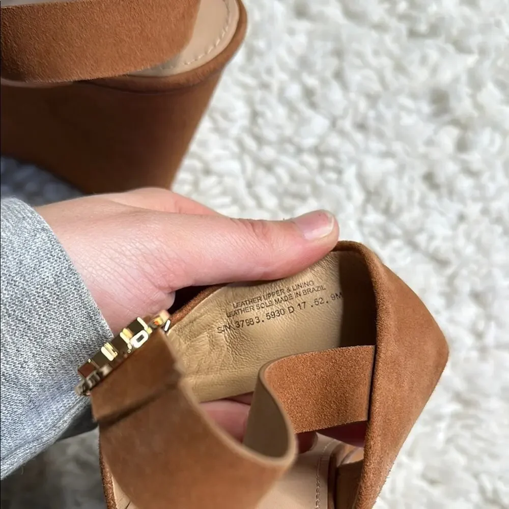Tory Burch Women's Tan Sandals Suede Wedge Strappy Heels Brown Neutral Classy